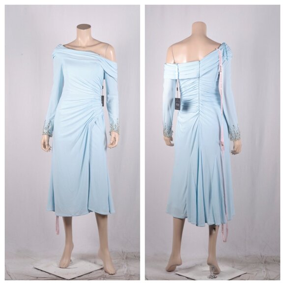 Ieena Mac Duggal One-Shoulder Long Sleeves Beaded Jersey Midi Dress - Picture 2 of 4